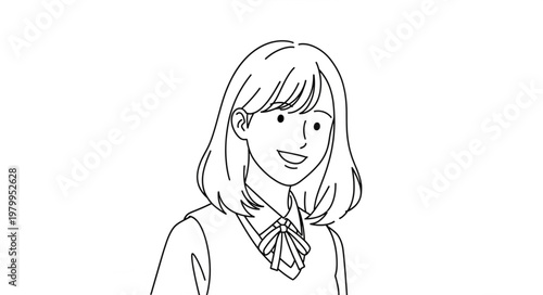 Hand-drawn sketch of a smiling young woman in school uniform.