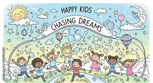 Happy Kids Chasing Dreams Illustration.