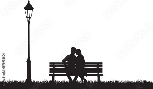 Romantic couple silhouette on transparent background sitting on bench under street lamp