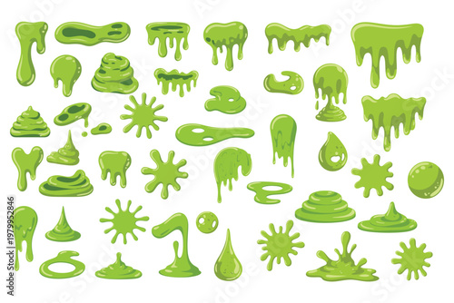 A collection of green slime splatters and drips isolated on white background, Vector