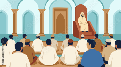 Muslim men attending religious sermon in mosque with Imam on minbar