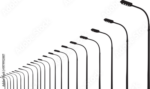 Vector illustration of a row of streetlights on transparent background for smart city infrastructure designs