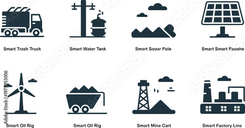 Collection of modern industry icons showing green energy solar panels wind turbines and urban waste management