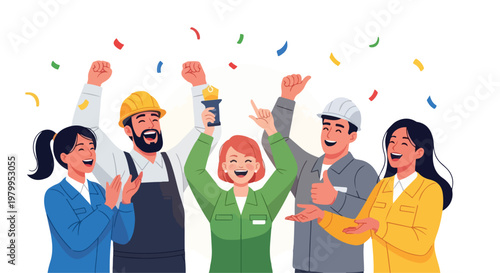 Diverse group of people celebrating with confetti and raised arms in a joyful scene