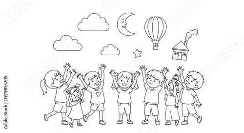 Happy Children Celebrating Under the Moon and Stars.