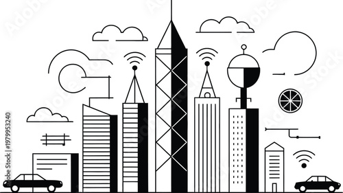 Modern connected city skyline with wireless communication towers and vehicles for smart urban infrastructure development projects