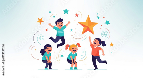 Happy Children Celebrating Success with a Golden Star.