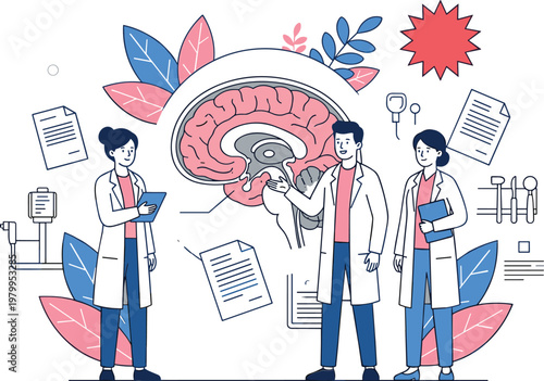 Neurology research concept with doctors analyzing human brain anatomy medical study healthcare science and neurological diagnosis illustration.eps