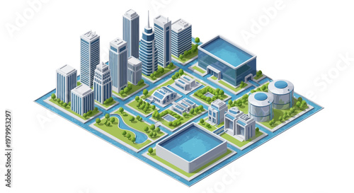 Isometric illustration depicting a rainwater harvesting system and water conservation infrastructure within a city, showcased in a vector design with a clean, bright aesthetic
