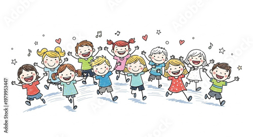 Happy Children Dancing and Singing with Musical Notes.