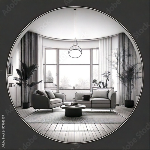 Modern living room interior design with comfortable seating and large windows.