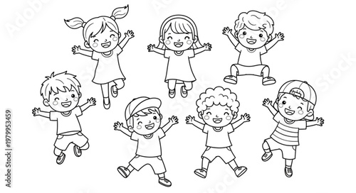 Happy Children Jumping and Playing Together Illustration.