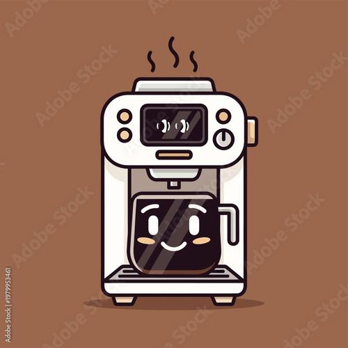 Cute Cartoon Coffee Maker Brewing Hot Coffee with Happy Mug.