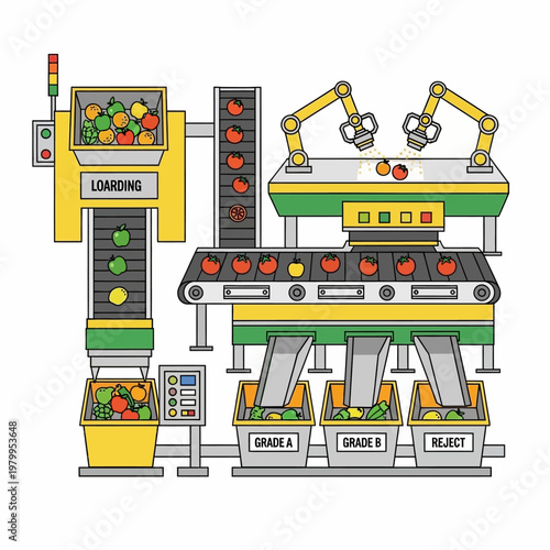 Automated fruit sorting and packaging factory line, robotic arms, conveyor belt, crates