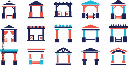 Set of outdoor gazebo and pergola icons in flat geometric style for garden landscaping and backyard architectural design.