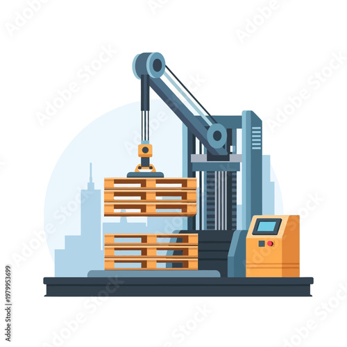 Automated industrial robot arm stacking wooden pallets in a factory setting.