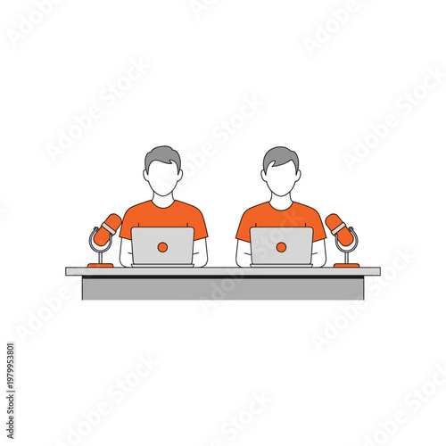 Two individuals conducting a podcast or online interview with laptops and microphones