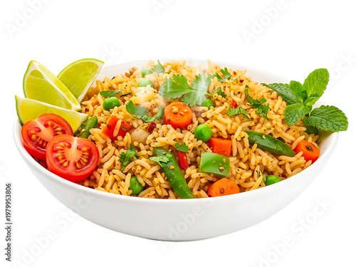 Indian fried rice pilaf served in a white bowl with lime wedges, cherry tomatoes, and mint leaves, flavorful and aromatic.