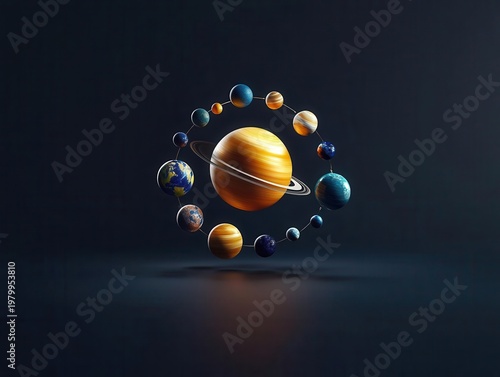 Wallpaper Mural Floating ring of planets orbiting golden sun in minimalist dark background Torontodigital.ca