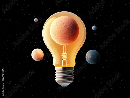 Wallpaper Mural Planets orbiting inside light bulb in space, cosmic idea visual metaphor Torontodigital.ca
