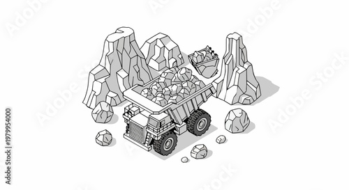 Isometric Line Art Illustration of a Heavy-Duty Mining Dump Truck being Loaded with Rocks in an Industrial Quarry