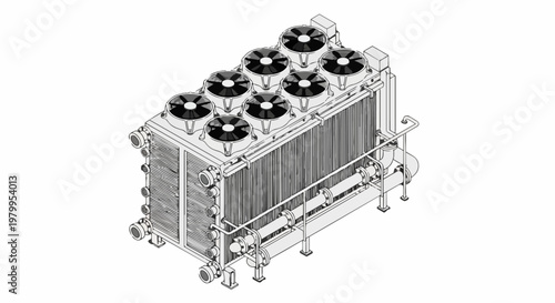 Isometric Industrial HVAC System and Heat Exchanger Unit Blueprint Illustration