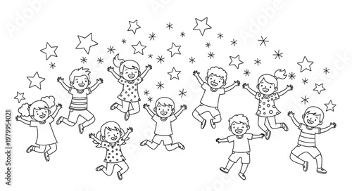 Happy Children Jumping with Stars Illustration.