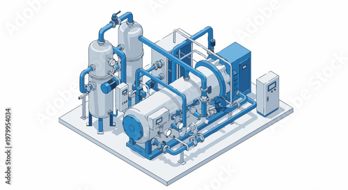 Isometric Industrial Machinery Vector Illustration, Water Treatment or Air Compressor System with Pipes and Control Panels