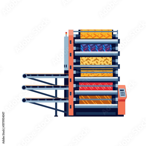 Automated textile printing machine with rolls of patterned fabric on shelves