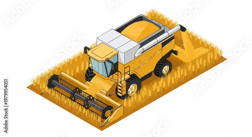 Isometric Combine Harvester Machine in Wheat Field Vector Illustration. Agricultural Equipment Harvesting Golden Grain Isolated on White Background for Agribusiness Design.