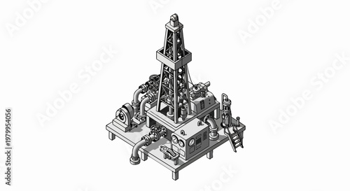 Isometric Oil Rig Drilling Platform Illustration, Industrial Gas and Petroleum Extraction Site, Technical 3D Line Art on White Background