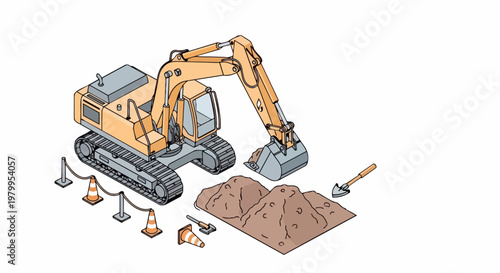 Isometric Construction Excavator Digger Illustration with Dirt Pile and Safety Cones on White Background