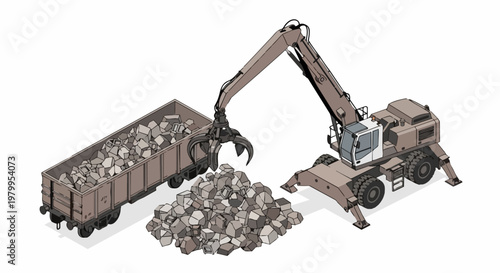 Isometric Material Handler Crane Loading Scrap Metal into Railway Wagon, Industrial Recycling and Logistics Vector Illustration