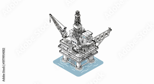Isometric Line Art Illustration of an Offshore Oil Rig Platform, Petroleum Industry Infrastructure and Energy Production Concept on White Background