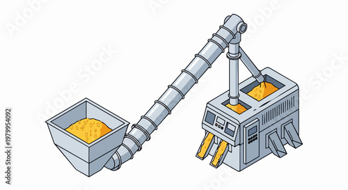 Isometric Industrial Grain Processing Machine and Auger Conveyor Illustration for Food Production and Automation Concepts