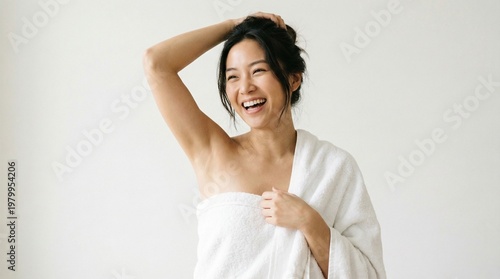 Beautiful woman reaching up playful wellness skin care concept