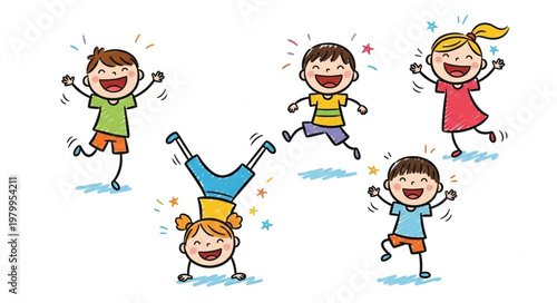 Happy Children Playing and Jumping with Joyful Expressions.