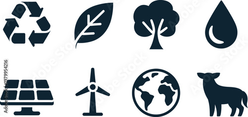 Environmental protection and sustainable development icons featuring renewable energy resources and global nature conservation symbols collection