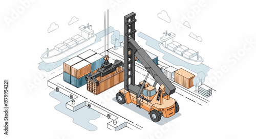 Isometric Illustration of Container Port Logistics with Reach Stacker and Cargo Ships