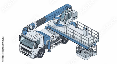 Isometric Mobile Crane Truck with Telescopic Boom and Aerial Work Platform Isolated on White