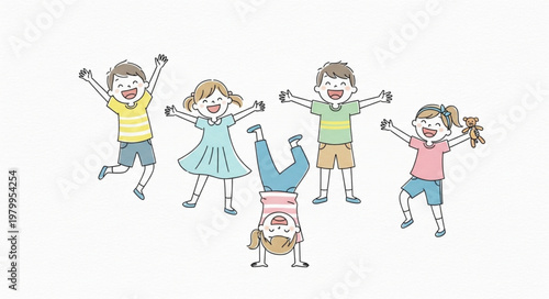 Happy Children Playing and Jumping Together.
