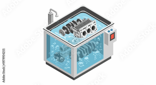 Isometric Industrial Ultrasonic Cleaner with Automotive Engine Parts, Professional Machine for Cleaning Cylinder Block and Crankshaft