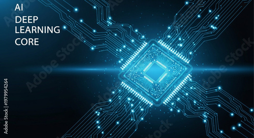 Futuristic AI Processor Core Surrounded By Digital Circuits.