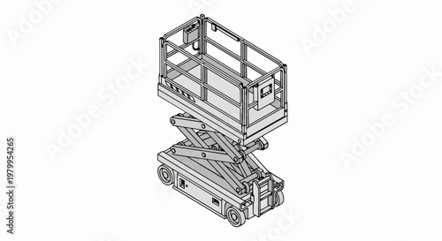 Industrial Scissor Lift Aerial Work Platform Isometric Line Art Illustration for Construction, Maintenance, and Warehouse Logistics Technical Design