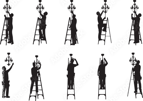 Electrician installing chandelier on transparent background vector icon set