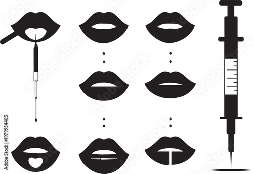 Highly detailed minimalist black vector lip silhouettes with syringe on transparent background for beauty and makeup concepts
