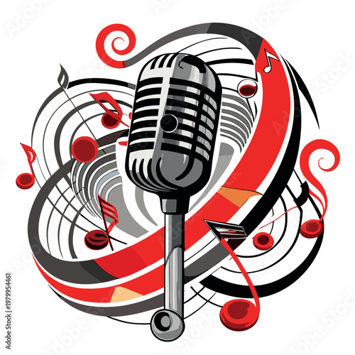 microphone surrounded by swirling musical notes