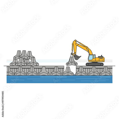 Construction excavator placing tetrapods on coastal defense barrier over water