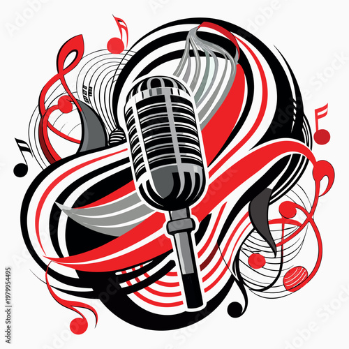 microphone surrounded by swirling musical notes