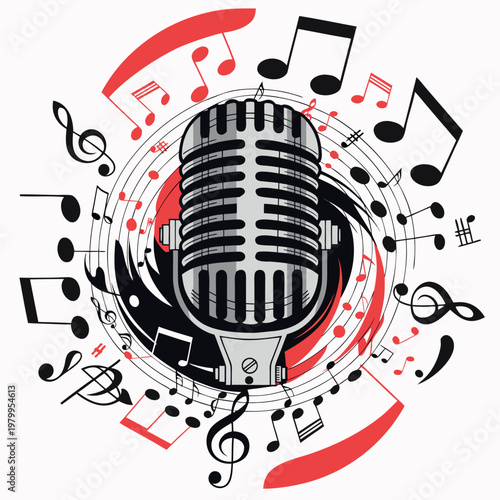 microphone surrounded by swirling musical notes